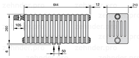Схема (чертеж) Радиатор Zehnder Charleston 6026/14 №V007 Белый глянцевый RAL 9016
